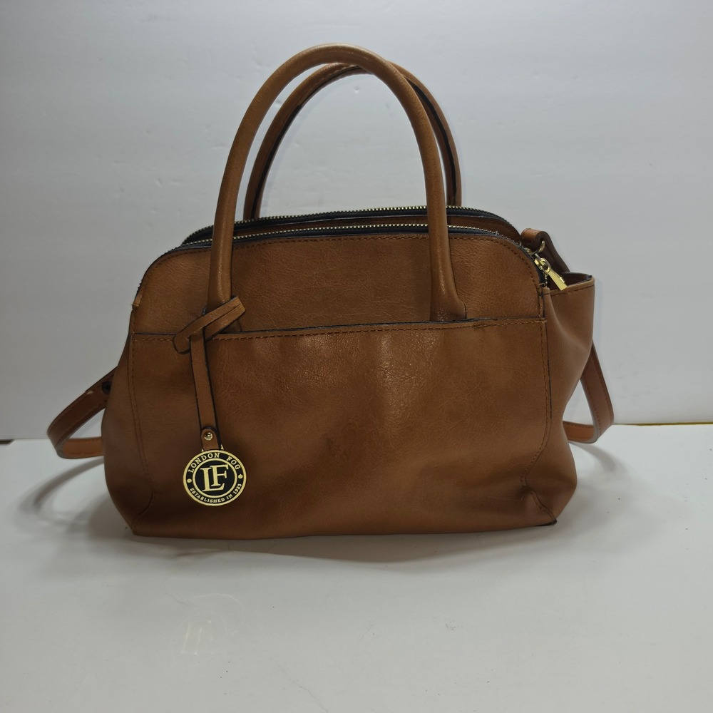 London Fog Brown Faux Leather Satchel Crossbody Bag Triple Compartment Handbag